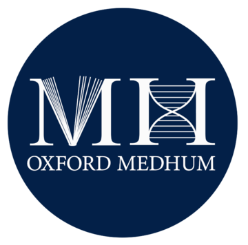 Oxford Medical Humanities logo with stylised M and H in a dark blue circle