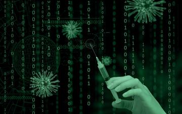 hand holding a syringe with viruses and genetic code in background